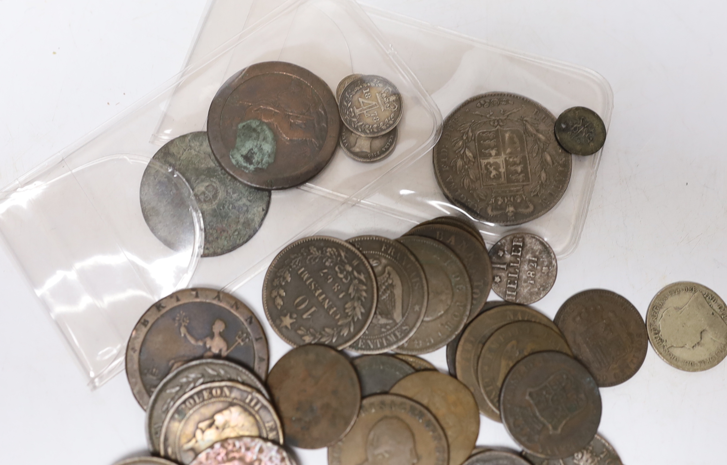 A group of 18th/19th British, France, Canada etc. century coins including Victoria Crown 1844, F or better, US Civil War token 1863 etc.